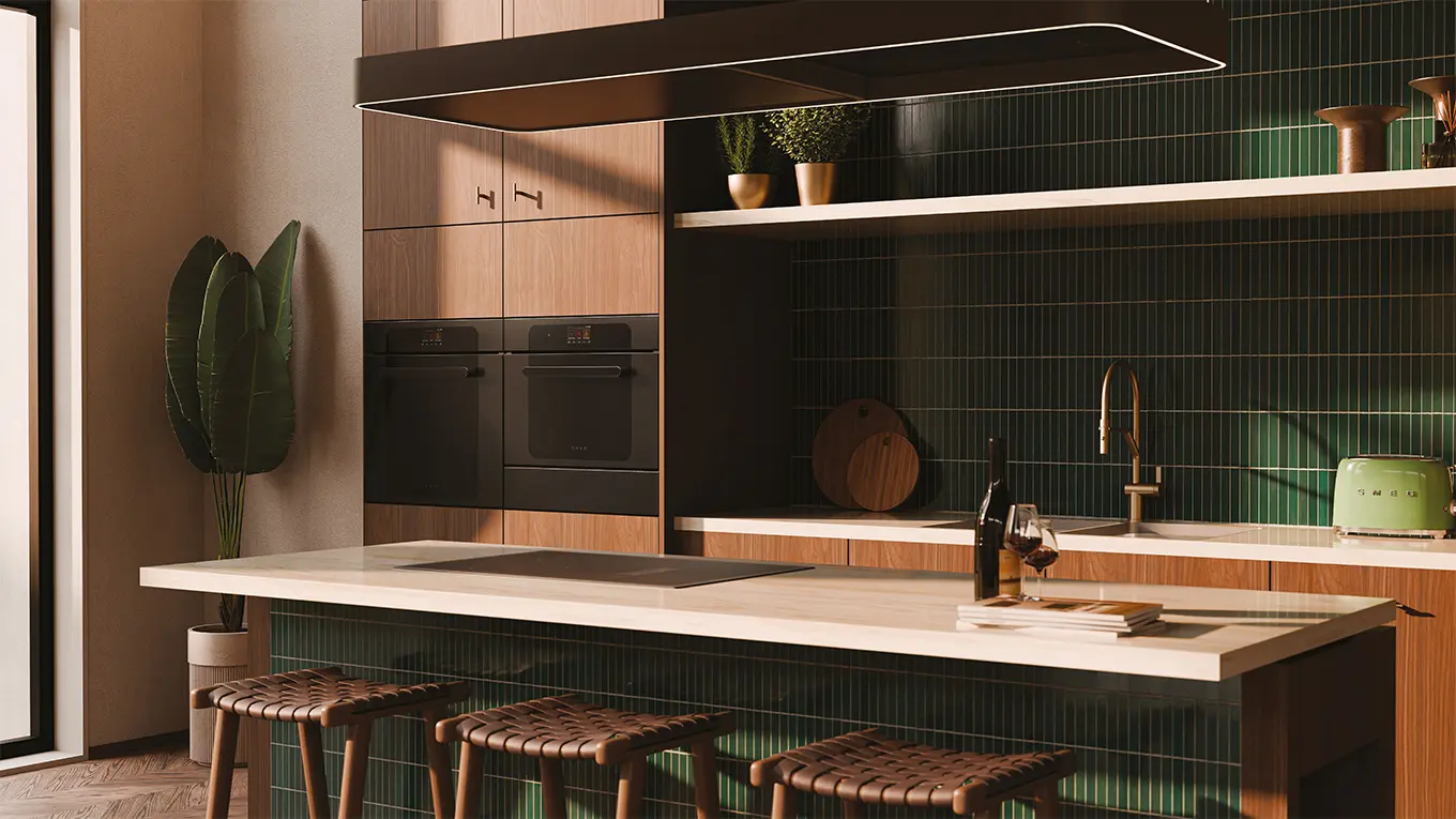 grüne küche mit kochinsel und smeg musa backofen