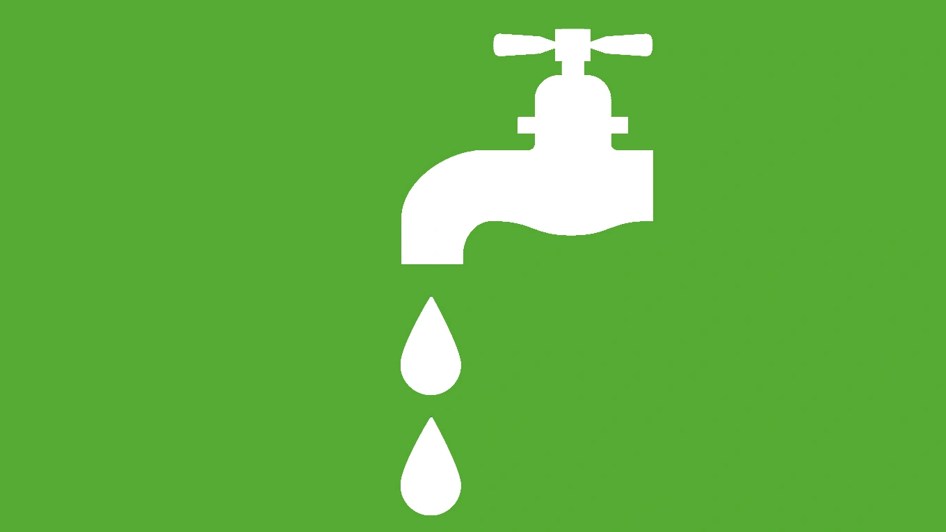 Wasser sparen grafik einer armatur mit tropfendem wasser in weiß vor grünem hintergrund