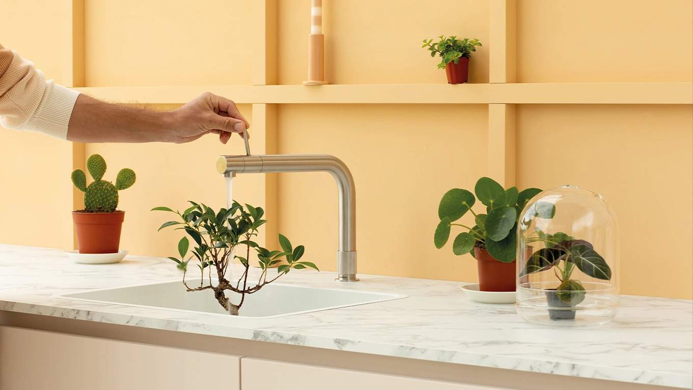 quooker front quooker front wasserhahn in einer orangenen küche mit pflanzen