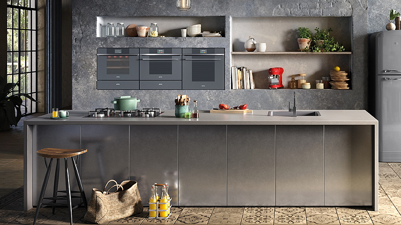 SMEG Linea graue küche mit kochinsel und tresen und grauen smeg linea einbaugeräten
