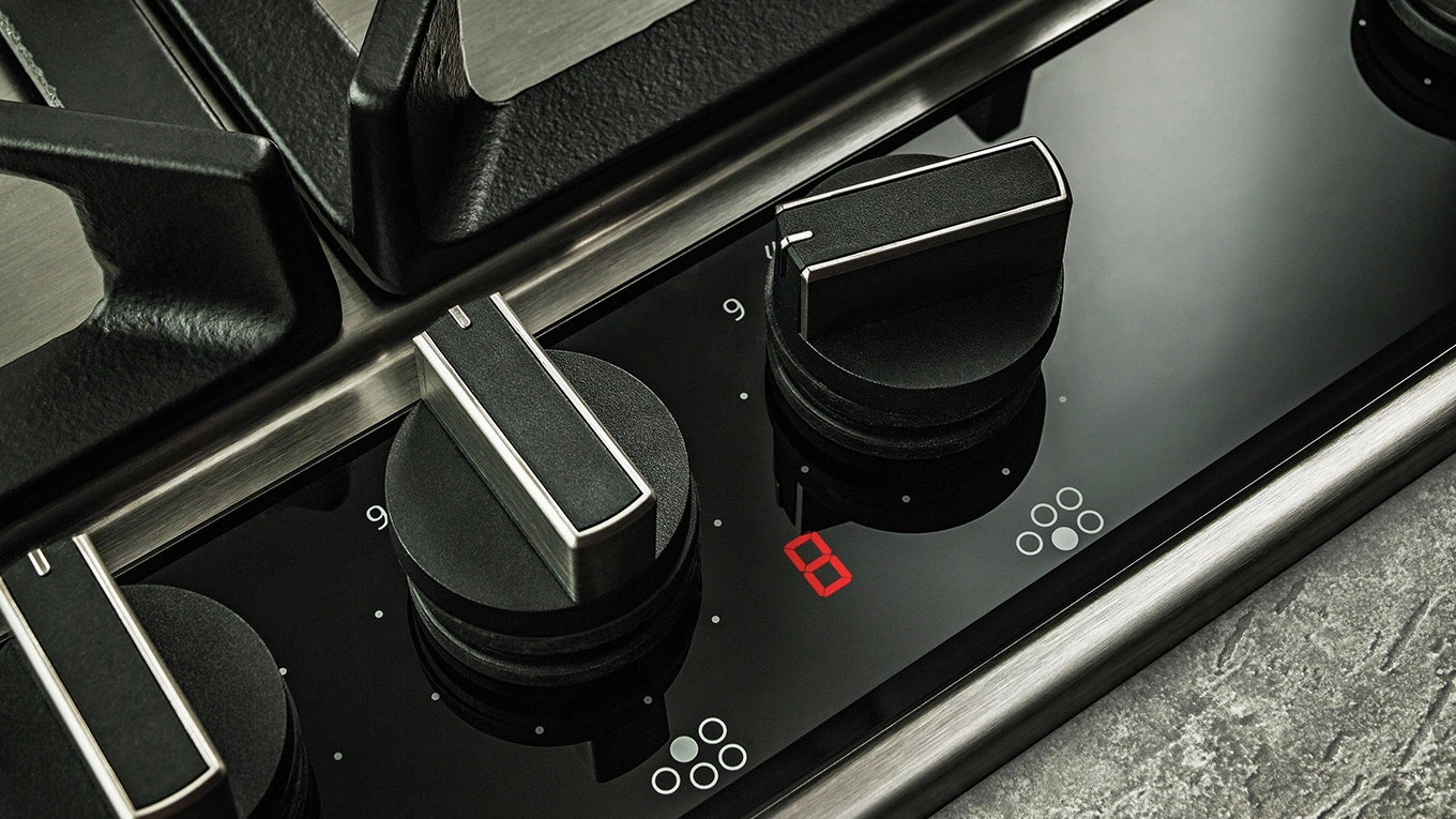 Neff Flame Select Gaskochfeld detailaufnahme vom neff flame select der bedienung am gaskochfeld