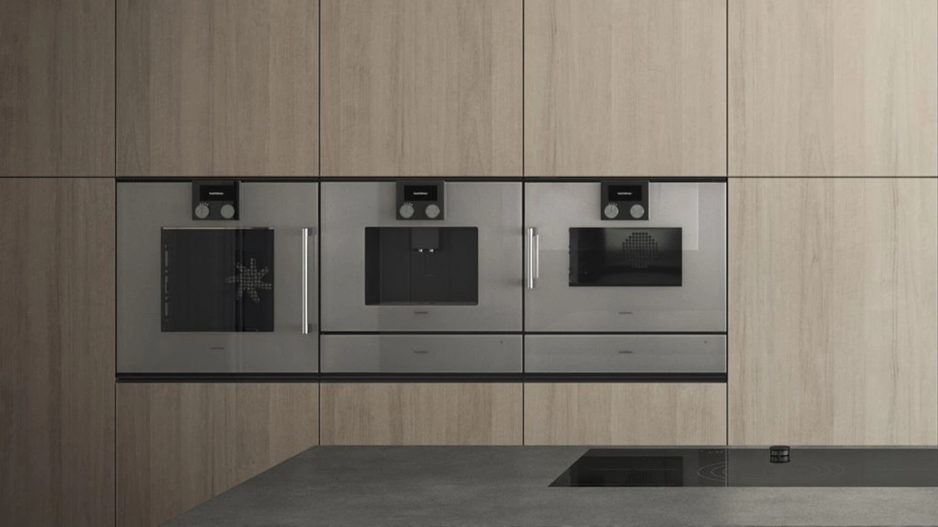 Nebeneinander eingebaute Gaggenau Geräte in Silber aus der Serie 200