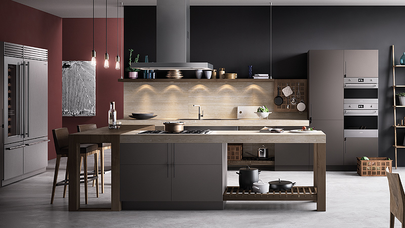 moderne küche mit zentraler kochinsel in der smeg classic einbaugeräte verbaut sind