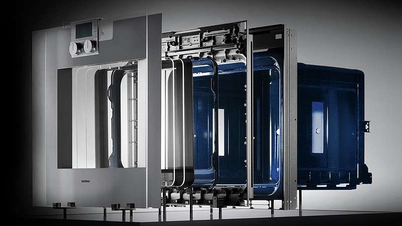 Gaggenau Produktmanagement ein gaggenau backofen zerlegt in seine einzelteile, die hintereinander aufgebaut sind