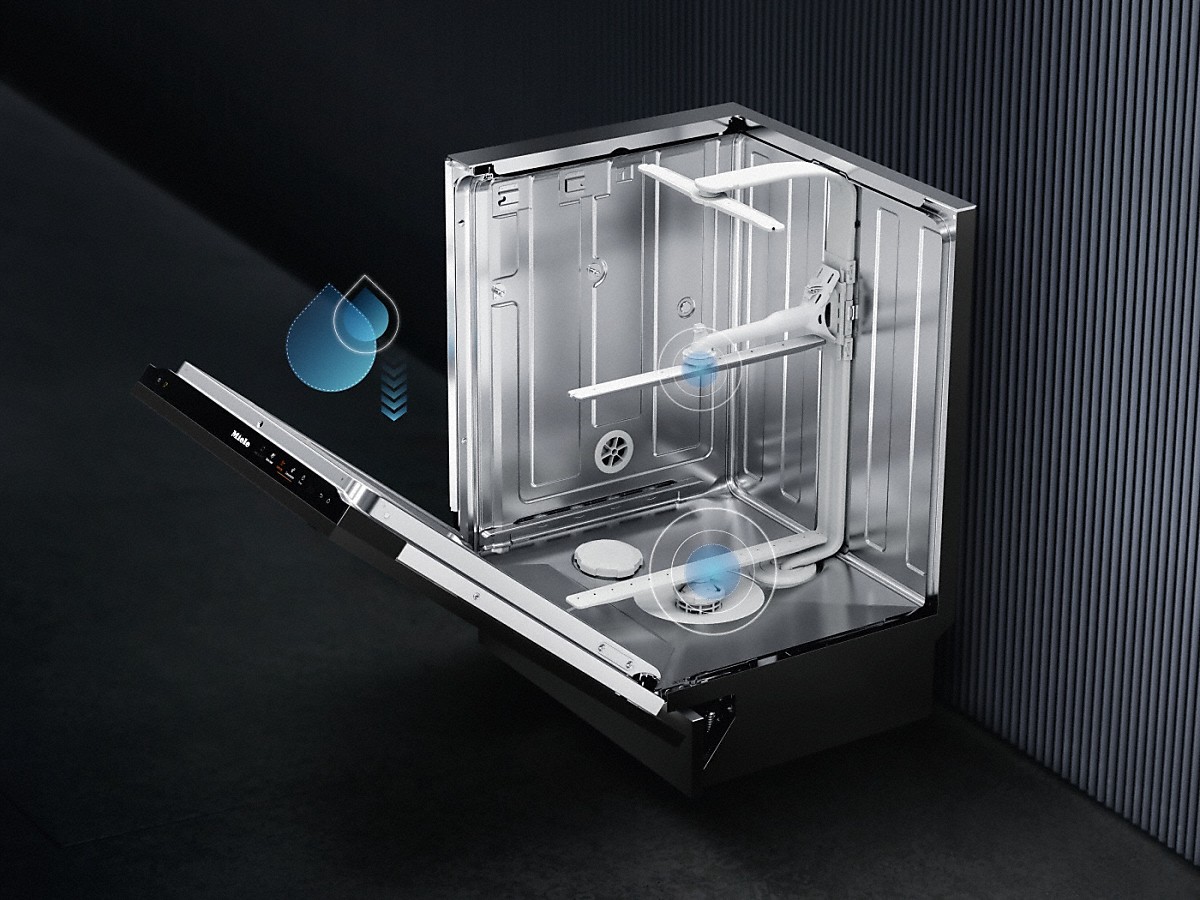 Miele Eco Power Geschirrspüler Grafik vom Innenraum bei einem Miele Eco Power Geschirrspueler mit Wassertropfen