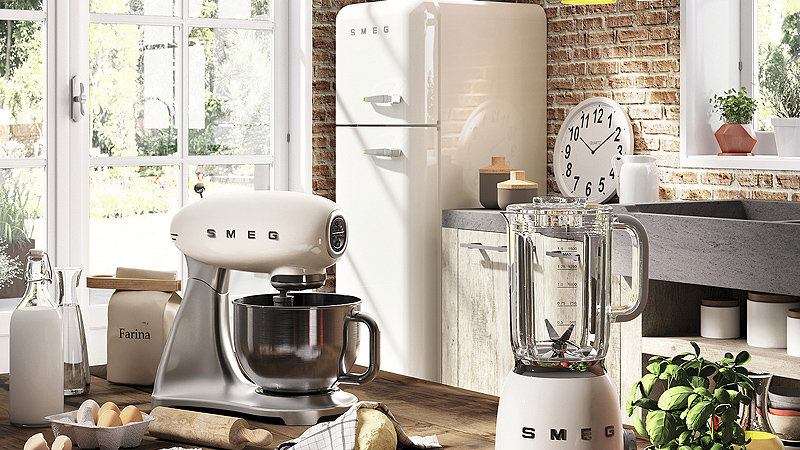 smeg retro kleingeräte in creme in einer hellen landhaus retro küche