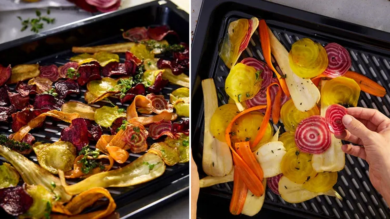 neff airfry frittiertes gemüse auf einem neff airfry backofen blech vor und nach dem heißluftfrittieren im backofen