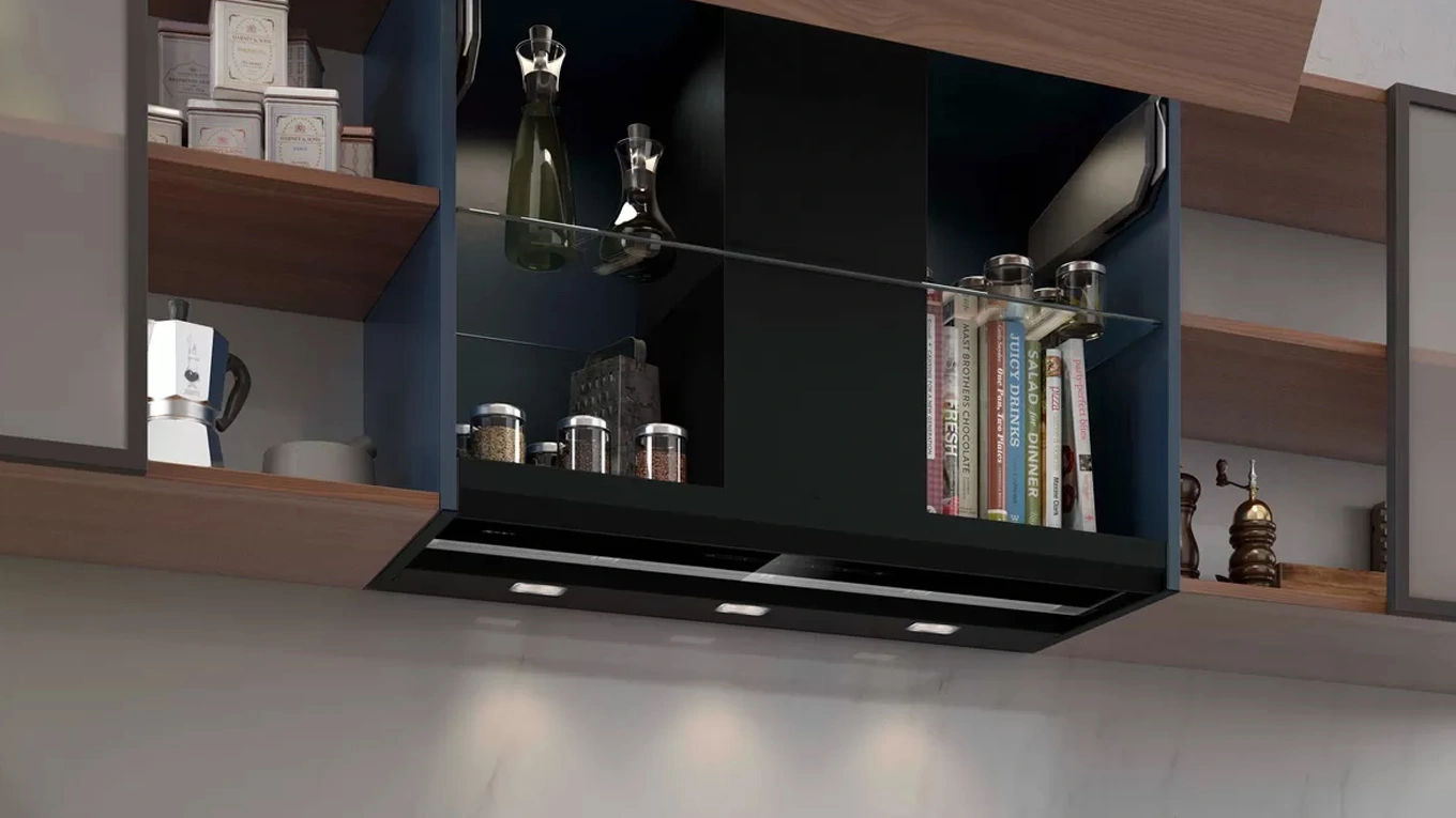 neff collection D95XAM2S0 einbau dunstabzugshaube in schwarz eingebaut in einer echten küche