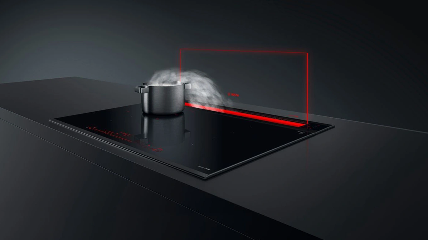 bosch accent line carbon black tischlüfter aus glas in dunkler kulisse mit rotem effekt licht