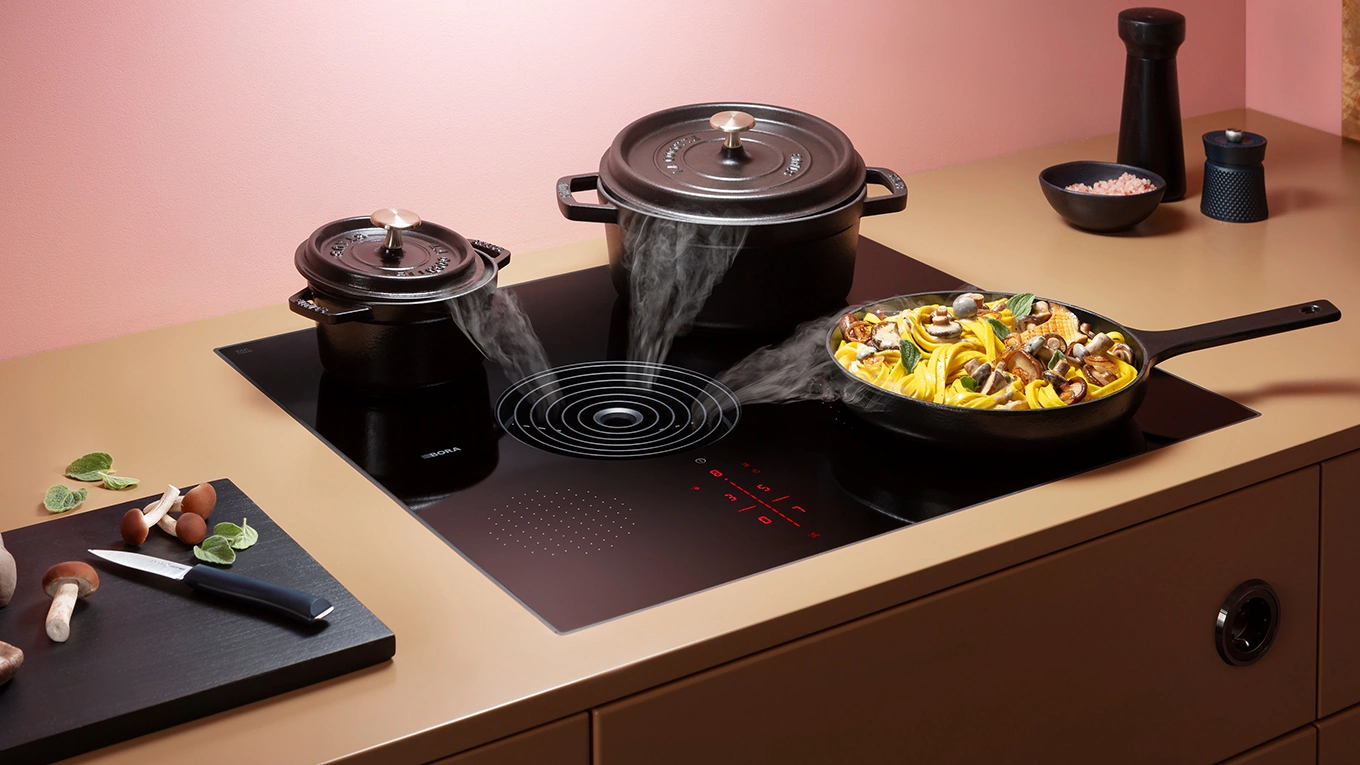 BORA S PURE Kochfeldabzug in 60 cm bora s pure kochfeldabzug 60 cm wie er kochdunst von zwei töpfen und einer pfanne absaugt