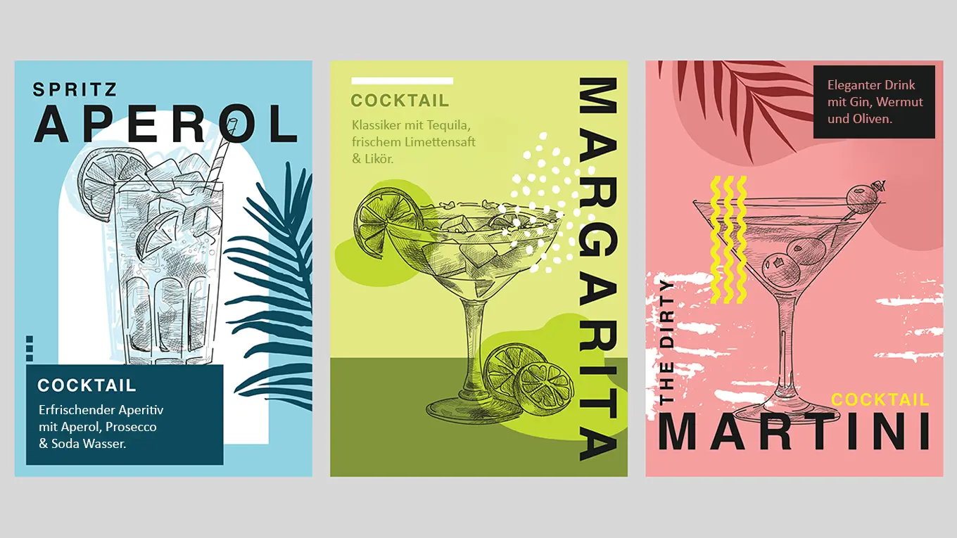 drei cocktailklassiker als infografik