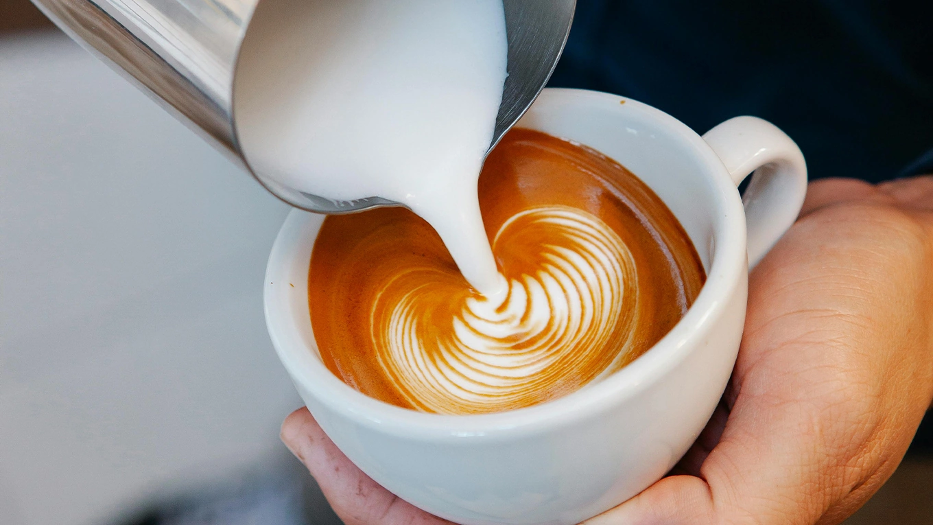 cremiger Milchschaum wird mit latte art aus einem kännchen in eine cappuccino tasse gefüllt
