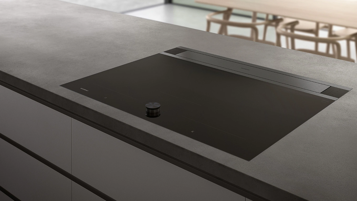 glas dunstabzug von gaggenau al200 Gaggenau Kochfeld al200 mit Tischlüfter aus Glas im eingefahrenen Zustand