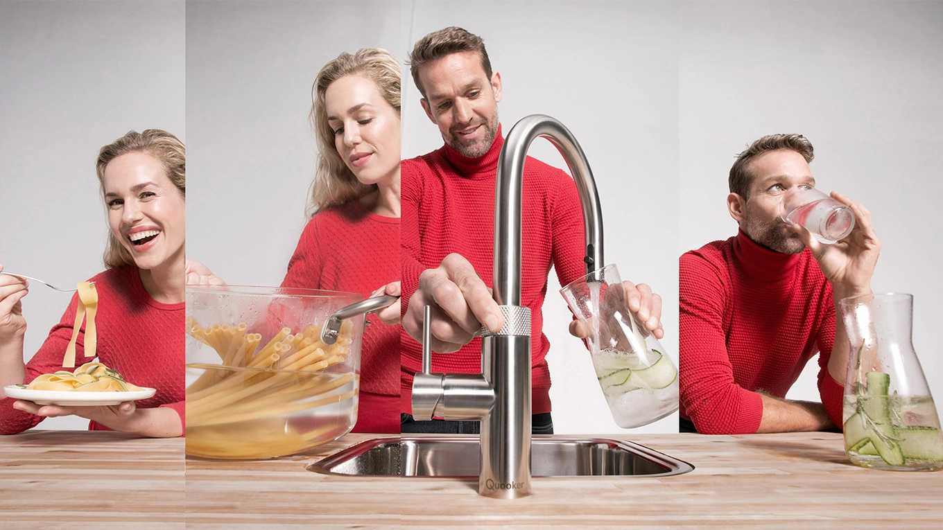 Quooker Anwendungsbereiche drei verschiedene leute zeigen die quooker anwendungsbereiche