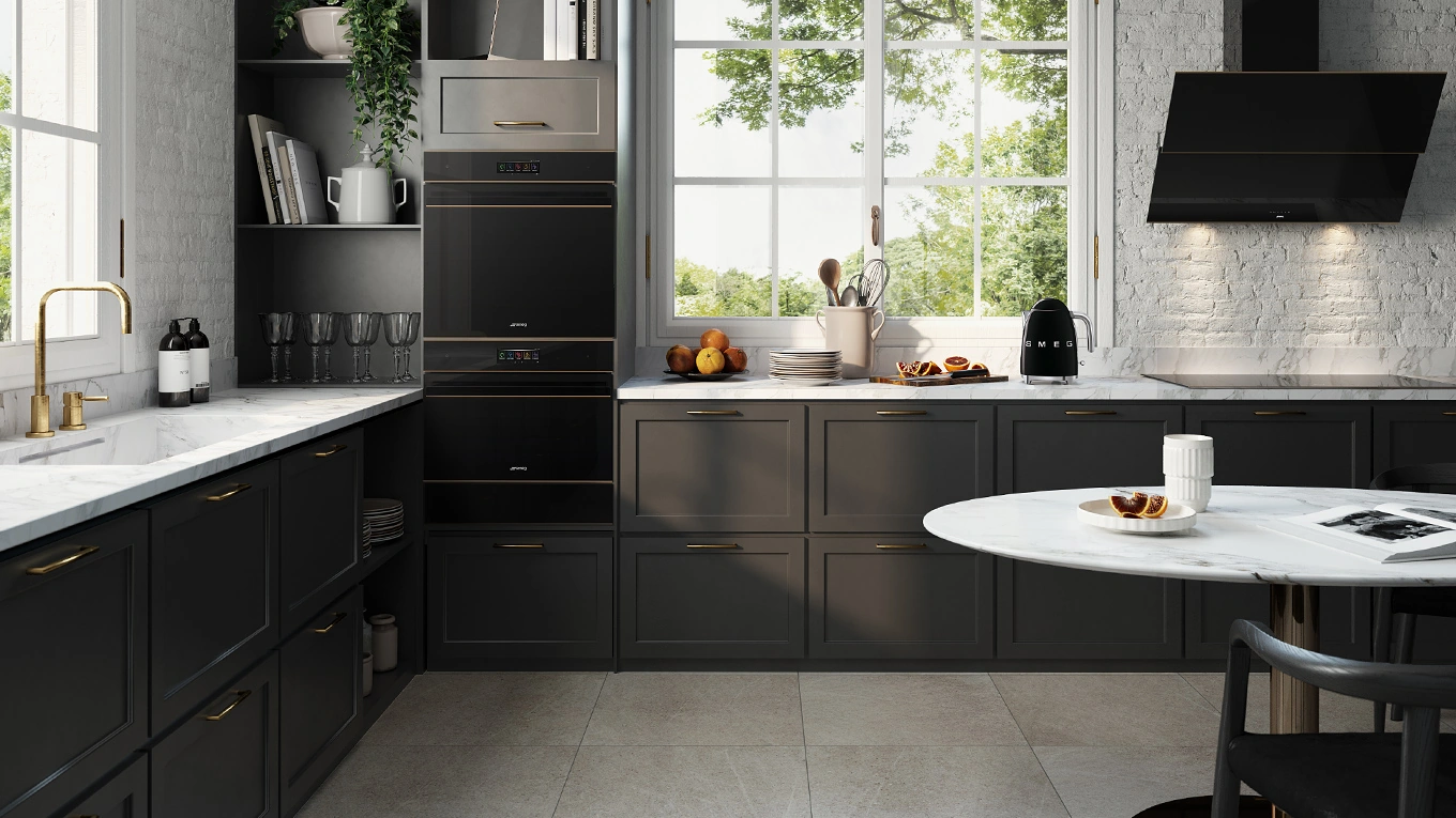 smeg dolce stil novo galileo backofen in grauer küche mit marmor