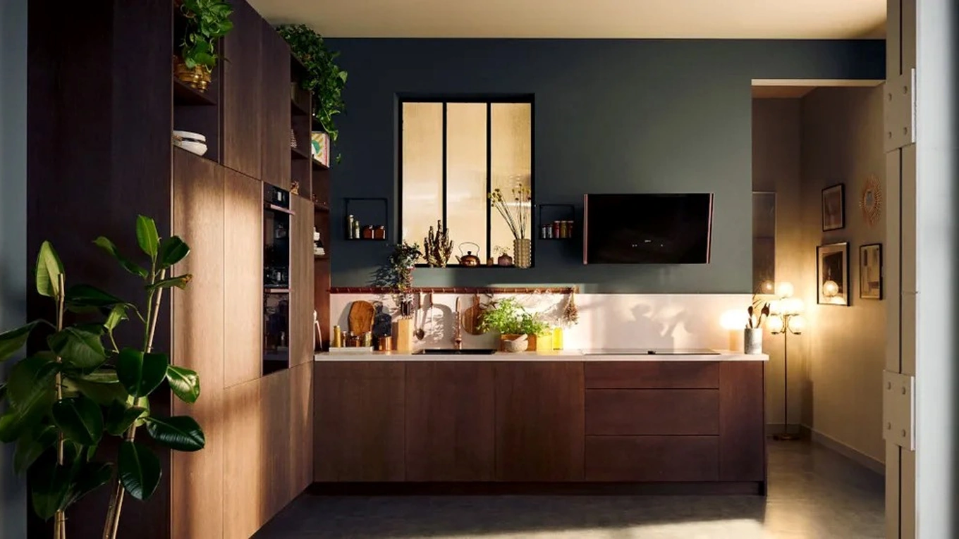 neff flex concept neff küche mit flex concept in dunklem holz mit licht und pflanzen