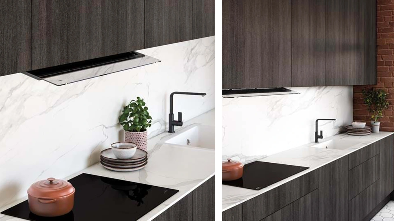 Novy Fusion Flachschirmhaube bildervergleich der novy fusion pro dunstabzugshaube als flachschirm ausgefahren und eingefahren in einer modernen küche