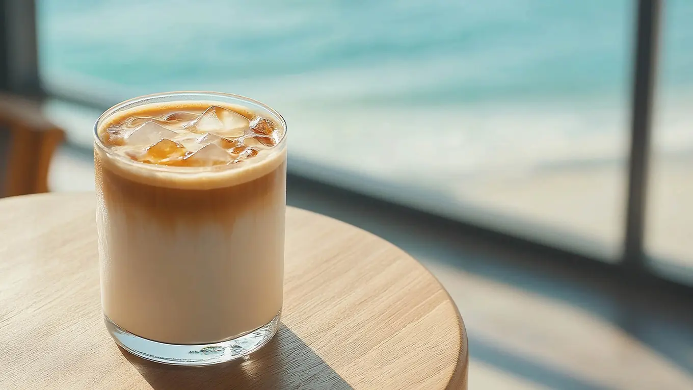 Matcha Latte auf einem tisch vvor fenster mit meerblick